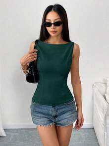 Camisa sin mangas con lazo en la espalda de unicolor, elegante, casual, sexy y minimalista para uso en la oficina y negocios para mujeres, primavera/verano - Verde Oscuro - Ver 8