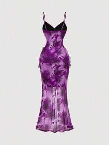 Vestido largo con abertura alta, cuello en V y volantes, con estampado de teñido anudado, vestidos de verano para mujer, vestidos en tonos pastel, vestido de fiesta, atuendo de fiesta, vestido de playa, atuendos de playa para mujer, vestidos ele - Morado - Ver 2