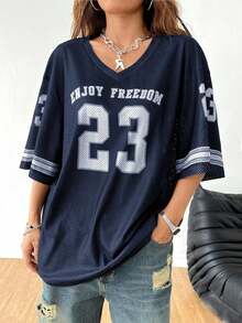 Camiseta de jersey de fútbol de cuello en V oversize de manga caída con estampado de letras para mujer, estilo de pareja - Azul marino - Ver 6