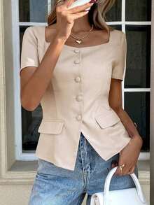 Camisa de unicolor sin mangas con cuello, top de estilo vintage retro para oficina - Albaricoque - Ver 8