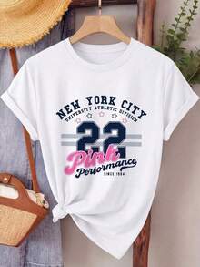 Casual camiseta blanca redonda cuello de manga corta para mujeres con impresión de la ciudad de nueva York HUHR - Blanco - Ver 2
