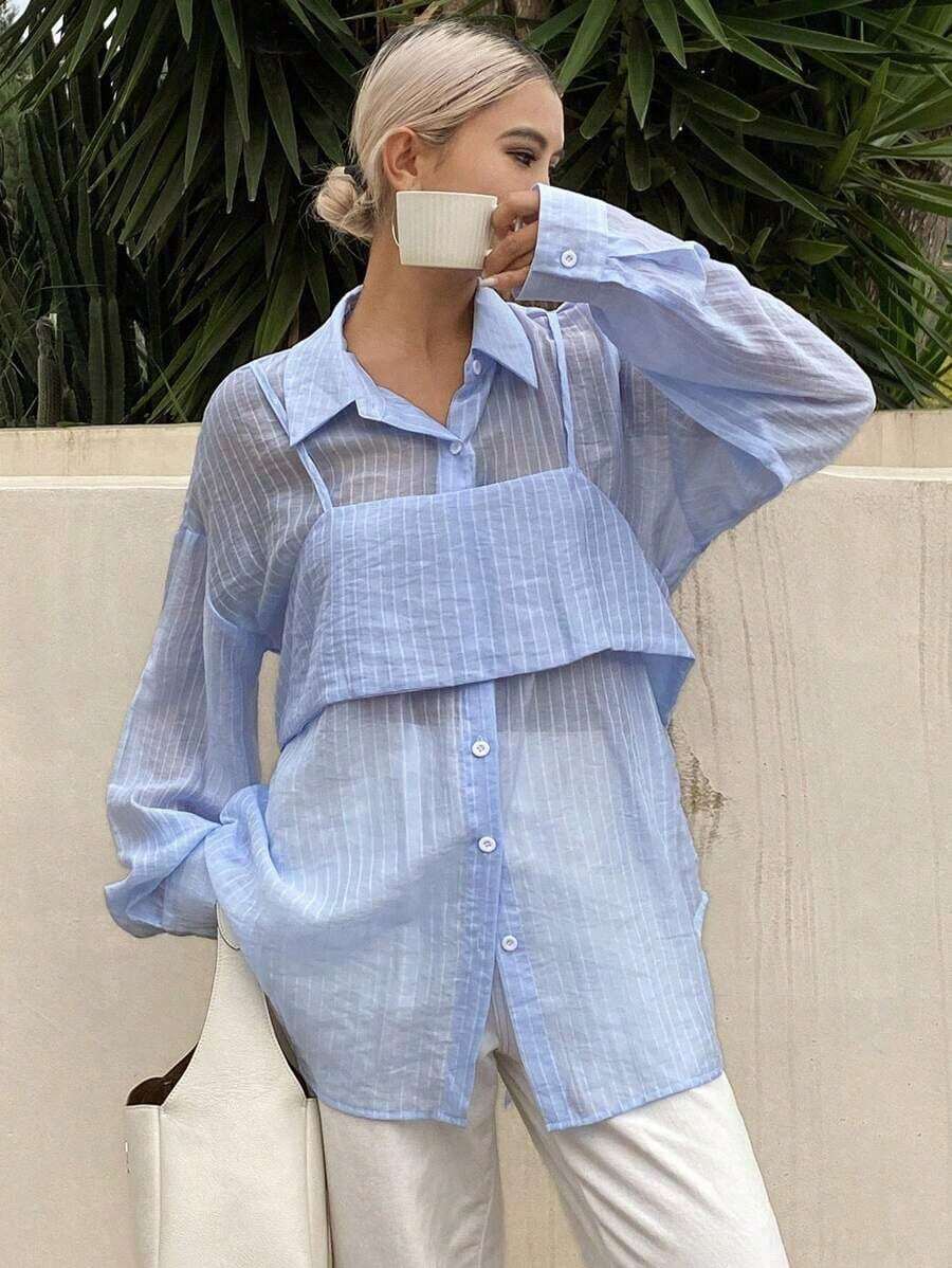 Camisa holgada casual a rayas para mujer, nueva llegada para el otoño - Azul - Ver 1