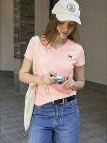 Camiseta de manga corta casual de verano para mujer con estampado de lazo - Rosa Pálido - Ver 5