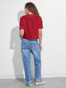 Camisa casual con cuello de volantes, mangas cortas abultadas y abotonadura, top lindo de otoño, ropa bohemia, atuendo de regreso a la escuela, para otoño, invierno, vestimenta occidental para mujer - Rojo - Ver 2