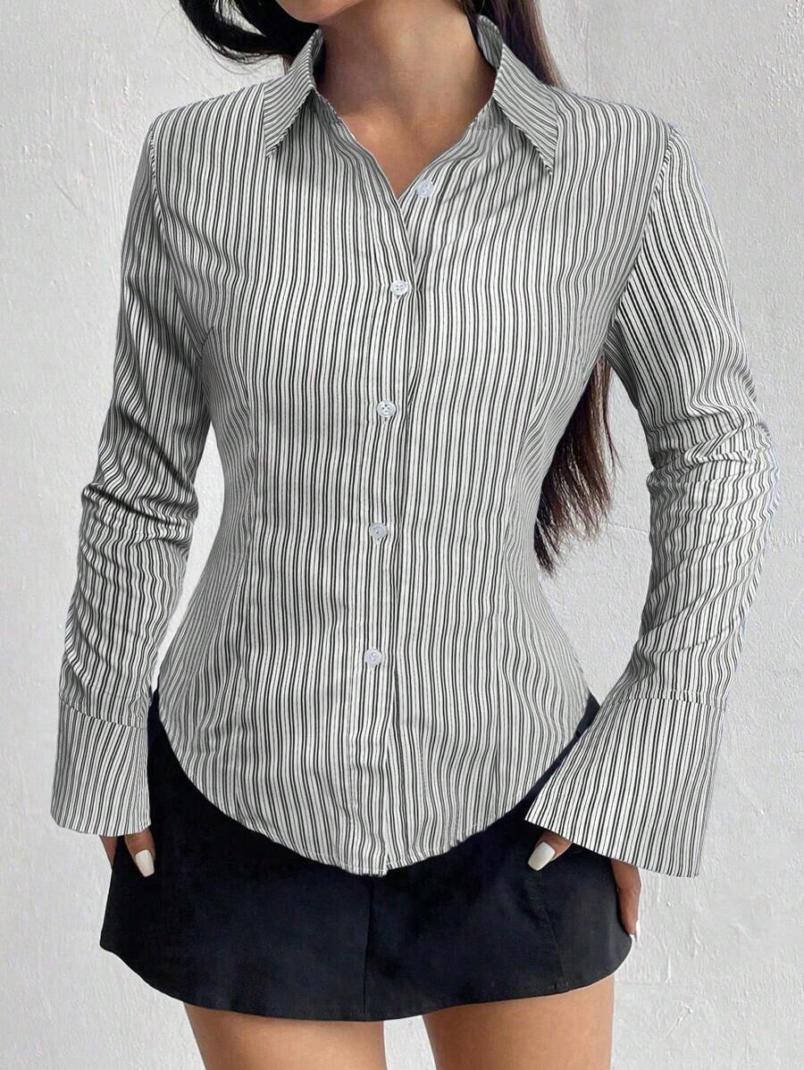 Camisa de manga larga casual a rayas que ciñe la cintura, apta para primavera/verano/otoño, tops de manga larga - Multicolor - Ver 1