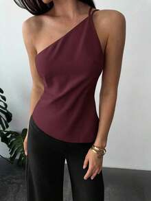 Nueva llegada Primavera/Verano Elegante Top casual de lino color albaricoque con cintura fruncida, bajo asimétrico y espalda descubierta - Burdeos - Ver 7