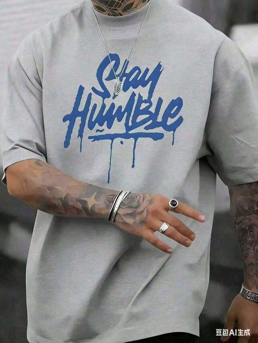 "Stay Humble" Blue Letter Pattern T-Shirt, Cotton T-Shirt, 220g Cotton, Comfortable, For Running Errands, Lounging Or Outdoor Fun, 100% Comfortable Cotton - 灰色的 - 查看 1