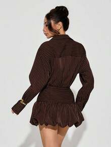 PETITE Conjunto casual para mujer, atuendos de otoño para mujer, falda de burbujas marrón y blusas, rayas marrones - Marrón - Ver 2