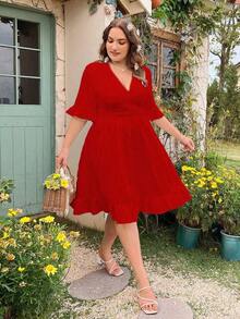 MOOSTA Vestido diario de talla grande para mujer de unicolor y escote en V, para el Año Nuevo, vacaciones y playa - Rojo - Ver 6