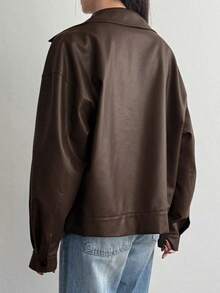 de cuero casual suelta con cremallera en la solapa, chaqueta exterior de manga larga - Marrón Chocolate - Ver 2
