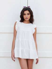 Women Fashion Ruffle Sleeve Solid Color Dress Stylish Dress for Shopping Daily Wear - Blanco - Ver 4