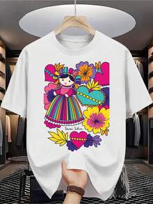 Camiseta de para Hombre - Manga Corta, Cuello Redondo, Estampado Digital, Cómoda para Todas las Estaciones, Lavable a Máquina, Ideal para Salidas Diarias, Cuello Redondo, Diseño Circular, Camiseta Casual de Verano Tshirt Muscle Freaks Mu? ±eca Mexicana estilo Floral Hearts - Blanco - Ver 6