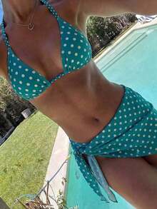 Swim Mod Conjunto de bikini de 3 piezas con estampado de lunares, escote halter y espalda con lazo, para vacaciones en la playa, atuendo de primavera, carnaval 2026, elegante, casual, traje de baño con falda - Verde - Ver 7