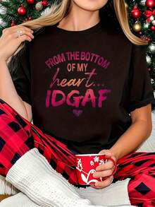 ClassicFrom Bottom Of My Heart 1 Piece Women's Size T-Shirt, Funny, Graphic Print, Short Sleeve, Novelty, % Cotton, Casual Crew Neck T-Shirt, Summer Top - 黑色 - 查看 1