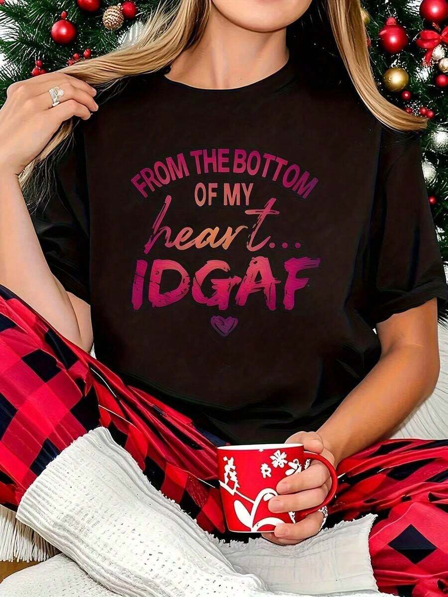 ClassicFrom Bottom Of My Heart 1 Piece Women's Size T-Shirt, Funny, Graphic Print, Short Sleeve, Novelty, % Cotton, Casual Crew Neck T-Shirt, Summer Top - 黑色 - 查看 1