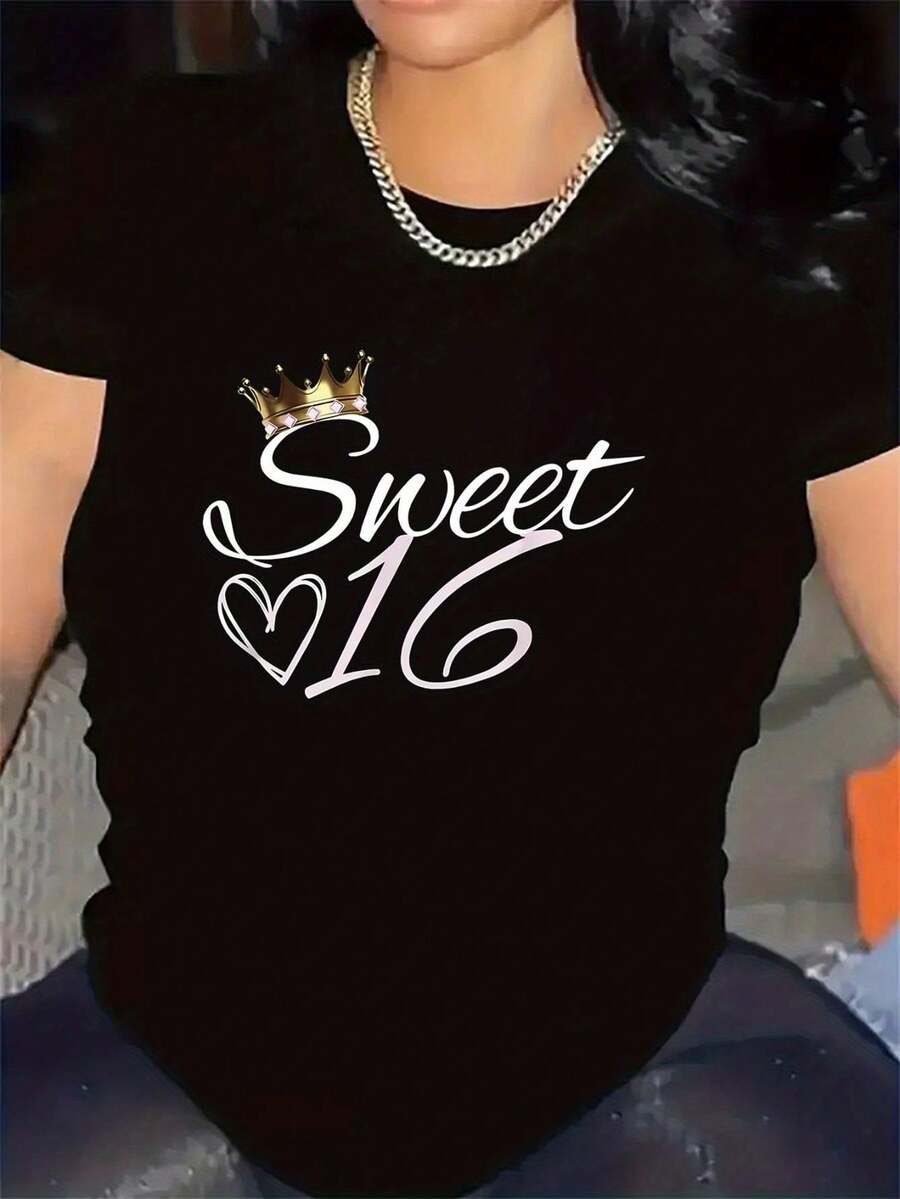 Women's Casual Summer T-Shirt, Sweet Black And White Design For 16 Year Olds | Lightweight And Durable Fabric, Suitable For Celebrations And Festive Events, Comfortable Fit, Stylish Crown Design, Perfect Gift For Special Occasions, Regular Sleeves, Round Neck, Chic And Fashionable T-Shirt. - 黑色 - 查看 1