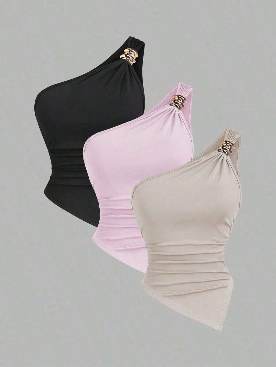 Blusa de unicolor minimalista con cuello asimétrico y hebilla de metal para mujer - Multicolor 5 - Ver 1
