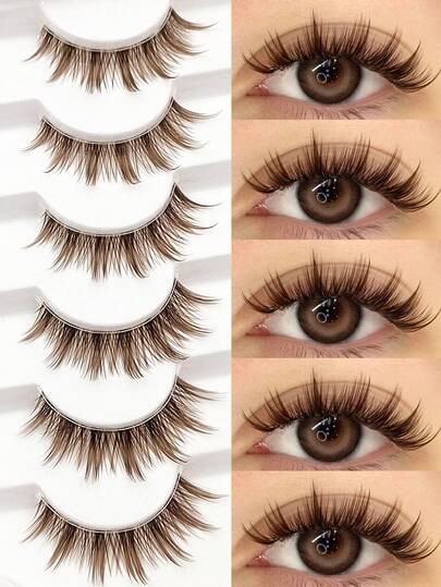  Asiteo 6 Pairs Brown Lashes Natural Look Manga Clear Band Wispy False Eyelashes, Japanese Anime Cosplay Natural Makeup Looking Party Eye Lashes