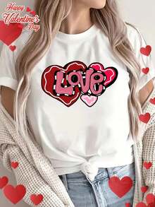 Valentine's Day Love Heart Print Casual - Women's Crew Neck Short Sleeve T-Shirt, Breathable 100% Cotton, Machine Washable Tee For Adult, Men, Women, Teen, Teenager, Adolescent, Youth - White - View 1