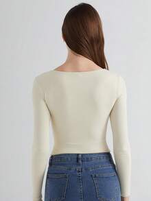 Women's Ribbed U-Neck Long Sleeve Bodysuit - Sculpting Stretch One-Piece Top For Casual, Lounge & Streetwear - trắng - Xem 7