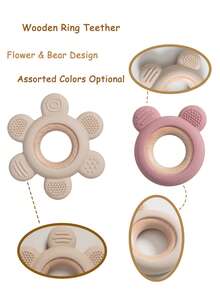 1pc Flower Teddy Bear Shaped Silicone Teether With Wooden Ring, Baby Teething Chew Toy, Multicolor Optional For Newborn Infant Molar Training - Multicolor - View 1