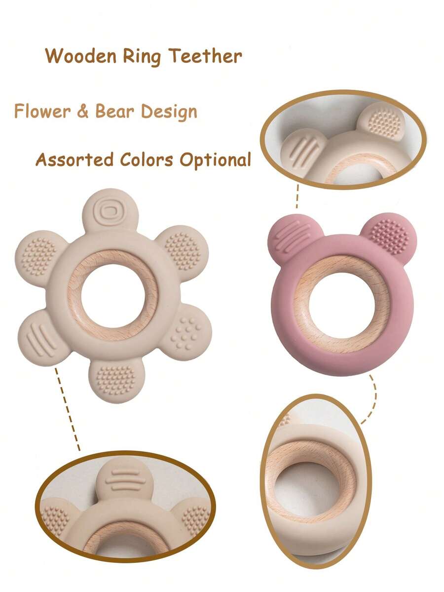1pc Flower Teddy Bear Shaped Silicone Teether With Wooden Ring, Baby Teething Chew Toy, Multicolor Optional For Newborn Infant Molar Training - Multicolor - View 1