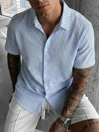 glestore Men's Vintage Coin Texture Striped Short Sleeve Button-Down Shirt, Versatile Casual Wear For All Year Round, Summer