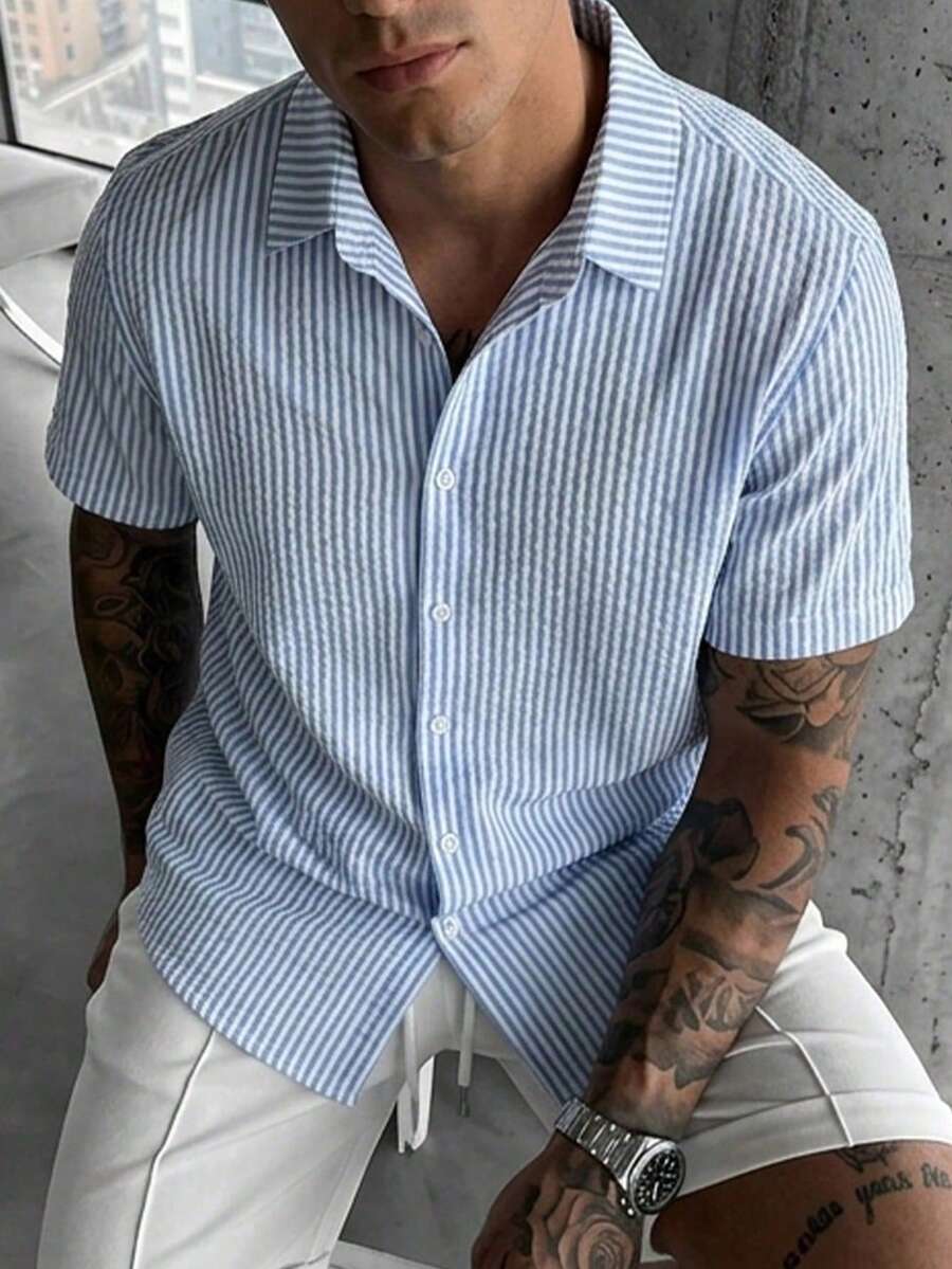 glestore 男士复古硬币纹理条纹短袖纽扣衬衫,四季皆宜的百搭休闲单品,夏季穿着更佳。 - 藍白色 - 查看 1