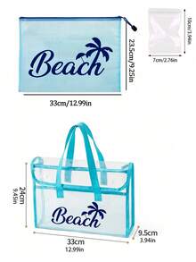 PVC防水海灘包，彩色「Beach」圖案，搭配同款化妝包、盥洗包，女款海灘包，透明托特包，果凍托特包，大容量泳池手提包，郵輪度假必備，海灘包配件，旅行必備，適用於海灘、旅行、購物、戶外活動、工作、學校及日常使用，獨特生日禮物、節日禮物、派對禮物、母親節禮物、度假禮物、婚禮禮物、開學禮物 - 彩色 - 查看 11