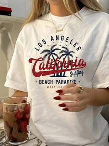 Women's 100% Cotton T-Shirt With Summer Graphic Print Of Palm Trees And Letters, Casual Beach Style, Loose Fit, Short Sleeves, Comfortable And Breathable For Everyday Wear And Vacations - 白色 - 查看 7