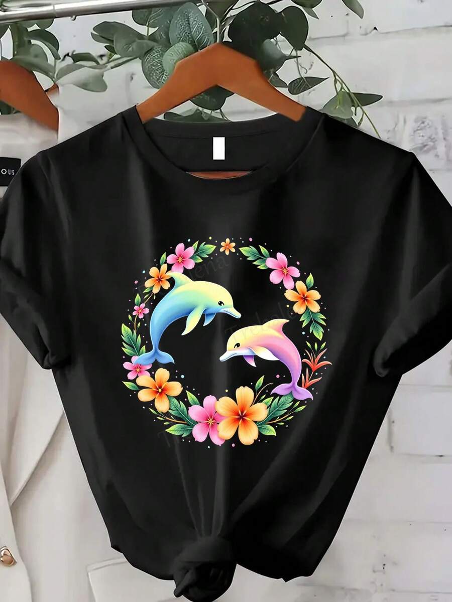 Plus Size Women's Clothing, Short-Sleeved T-Shirt With Round Neck And Colorful Dolphin And Marine Life Print, Adorned With Floral And Dolphin Motifs, Casual Shirt For Spring, Summer And Autumn, Suitable For Everyday Wear And As A Gift For The Holidays (Halloween, Christmas) - Machine Washable. Gift Idea. - 黑色 - 查看 1