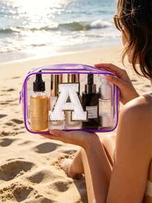 1pc Transparent PVC Portable Storage Bag With A-Z Letter Towel Embroidery Pattern, Large Capacity Cosmetic Organizer Box/Case, Waterproof Design With Zipper, Multifunctional Makeup Bag, Beauty Bag For Storing Lipsticks, Makeup Brushes, Skincare Products, Phones, Coins And Various Small Items, Suitable For Home And Vacation, Travel Essential, Ideal For Holiday Trips And Back To School - Multicolor - View 4