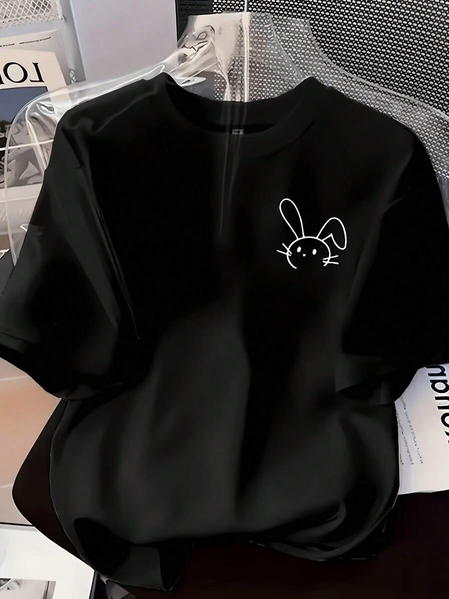 Women's T-Shirt With Simple Lines And Rabbit Print, Short Sleeve For Couples, Loose And Versatile For Summer, Unisex Tops For Women. - Hitam - View 1