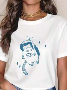 Best Selling Women's Summer T-Shirt - Astronaut Cat Print, 100% Cotton, Loose Fit, Short Sleeve, Round Neck, Casual T-Shirt For Daily Wear And Travel, Black And White, Summer Clothes, Fun Design, Comfortable Fabric. - 白色 - 查看 6