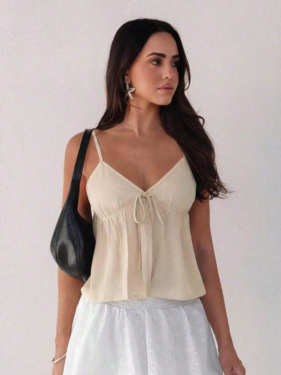 Camiseta de tirantes con volantes y lazo delantero de unicolor para mujer - Albaricoque - Ver 1