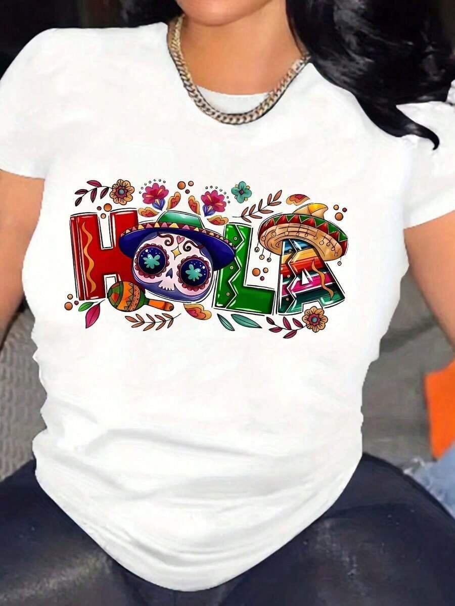 Camiseta de manga corta para mujer, estilo urbano moderno y elegante, cuello redondo, casual, con estampado de Día de Muertos, ropa de moda Blusas Bonito 100% Cotton - [Blanco] - Ver 1