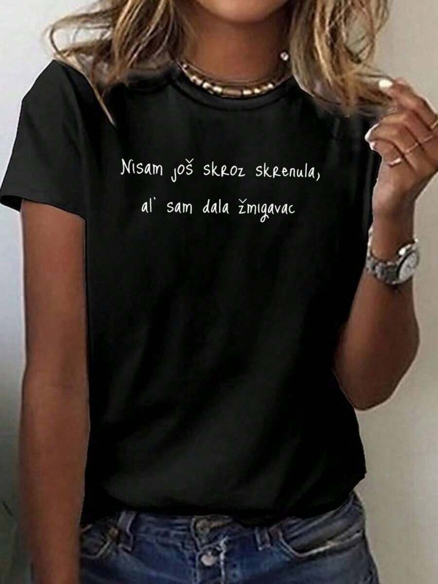 Summer Blouses For Women Croatia Print Round Neck Short Sleeve T-Shirt, Casual Spring/Summer Top For Women Gym Y2k Round Neck 100% Cotton Soft Fabric Short Sleeve Fashion All-Match Women's Short Sleeve T-Shirt, Basic Style For Inner & Outer Wear - 黑色 - 查看 1