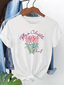 Camisetas Ligeras con Estampado Gráfico de Tulipanes, Camiseta Artística de la Marca Bloom Collective Whocult, Tallas Grandes, para Primavera/Verano, para Mujer. Ideal para salidas, visitas a librerías artísticas, desplazamientos diarios y el té de la tarde con amigos. Camiseta de manga corta adecuada para uso diario. 100% algodón, una opción popular y preferida. Blusas Bonito 100% Algodón - Blanco - Ver 7