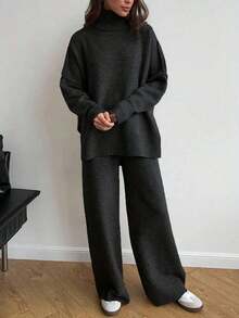 2 piezas Conjunto de suéter de manga larga de hombro caído con cuello alto sólido y pantalones anchos de punto para mujer, otoño/invierno - Negro - Ver 5