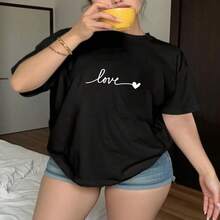 Women's Casual Cotton Love Heart Print Short Sleeve Round Neck T-Shirt, Regular Fit Top In Black, Sexy And Cute Couple Tee - 黑色 - 查看 1