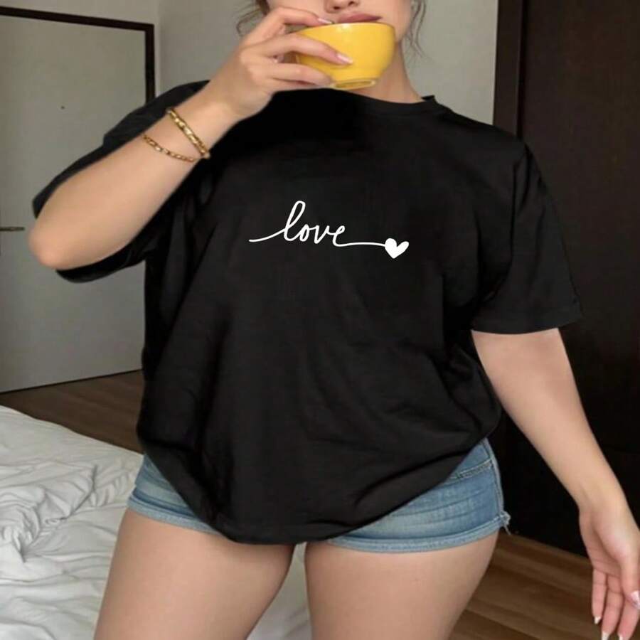 Women's Casual Cotton Love Heart Print Short Sleeve Round Neck T-Shirt, Regular Fit Top In Black, Sexy And Cute Couple Tee - 黑色 - 查看 1
