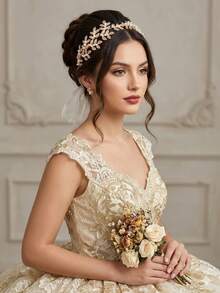 1pc Vintage Greek Style Handmade Pearl Leaf Headband, Elegant Gold Textured Bridal Headpiece, Versatile For Formal Occasions, Weddings, Parties - Multicolor - View 5