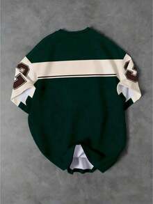 Manfinity Crew Neck T-Shirt With California Star Print 23, Retro Color Block Casual Sports Crew Neck T-Shirt In Earthy Colors - Dark Green - View 2