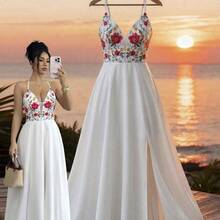 V-Neck Backless Tie-Up Hem Slit Waist Flattering Floral Print Dress, Elegant Casual Vacation Holiday Outfit - Multicolor - Ver 2