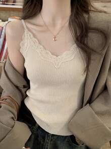 女士蕾丝吊带背心，V领针织蕾丝拼接打底衫，适合冬季、圣诞节、春季新年休闲夏季穿着 - 白杏色 - 查看 3