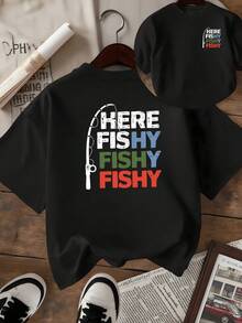Varilla de pesca acompañada por letras coloridas que invitan a disfrutar de la pesca con humor y energía mostrando vitalidad y entusiasmo en cada detalle camiseta de mujer con estampado doble divertido y moderno - Negro - Ver 8