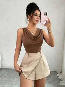 1 conjunto de top sin mangas de cuello en V ajustado de color marrón con falda pantalón de oficina de color albaricoque para mujer - Marrón - Ver 4