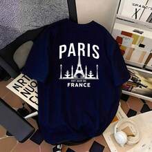 Women's Oversized T-Shirt With Retro Graphic Print Of The Eiffel Tower Of Paris, French Cityscape Design, Casual Daily Wear, Loose Fit, Machine Washable, Stylish Women's Top | Casual Everyday Top - 藏蓝色 - 查看 6
