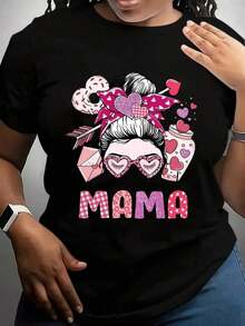 Camia de talla grande para mujer con un encantador diseño de "Mama" con gafas de corazón, lazo y motivos de amor, perfecta para el Día de la Madre o para uso diario.Estilo de cuello redondo, cómoda y versátil, lavable a máquina, adecuada para todas las estaciones.Transpirable y cómoda. - Negro - Ver 1