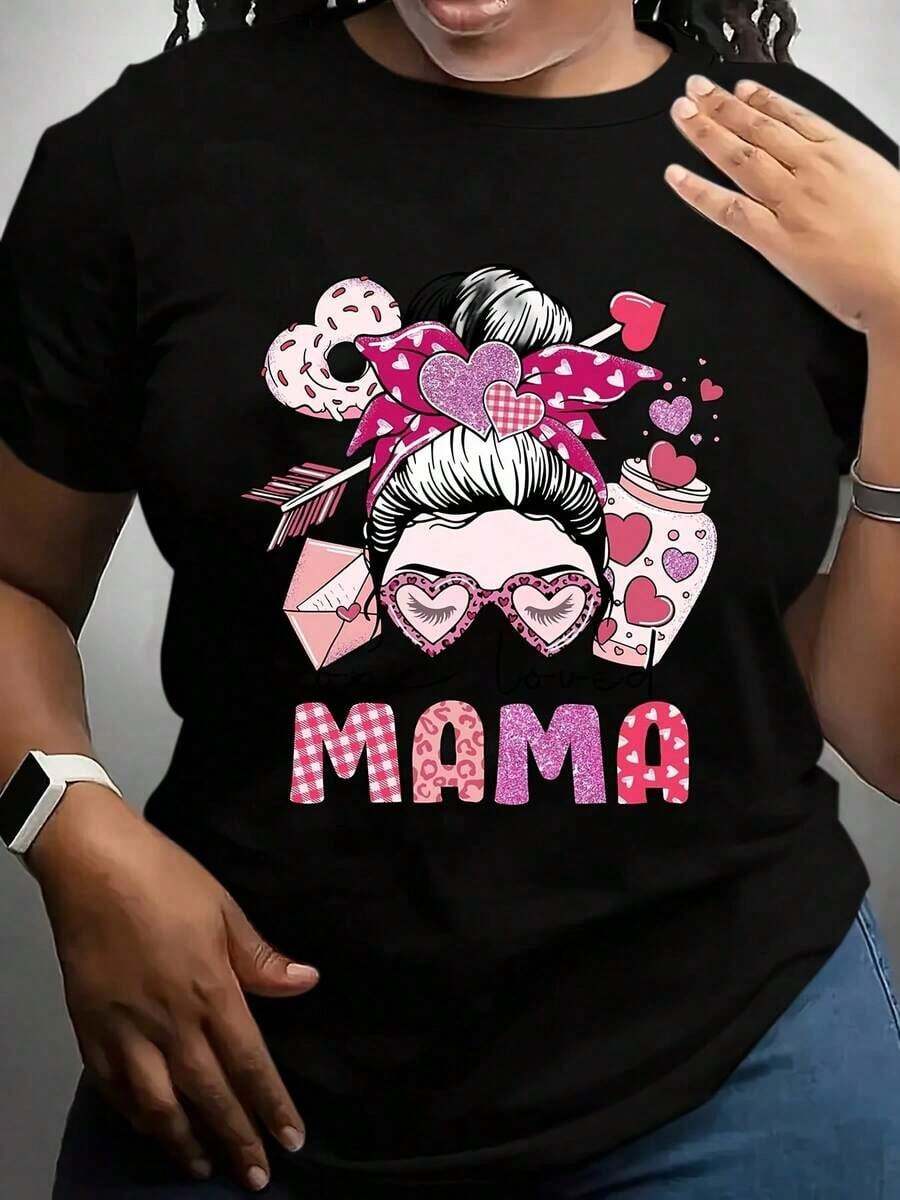 Camia de talla grande para mujer con un encantador diseño de "Mama" con gafas de corazón, lazo y motivos de amor, perfecta para el Día de la Madre o para uso diario.Estilo de cuello redondo, cómoda y versátil, lavable a máquina, adecuada para todas las estaciones.Transpirable y cómoda. - Negro - Ver 1